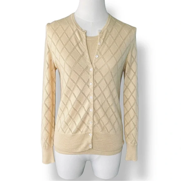 Brooks Brothers Silk Cashmere Twinset Cardigan Shell Set Yellow Argyle XS - Picture 2 of 8